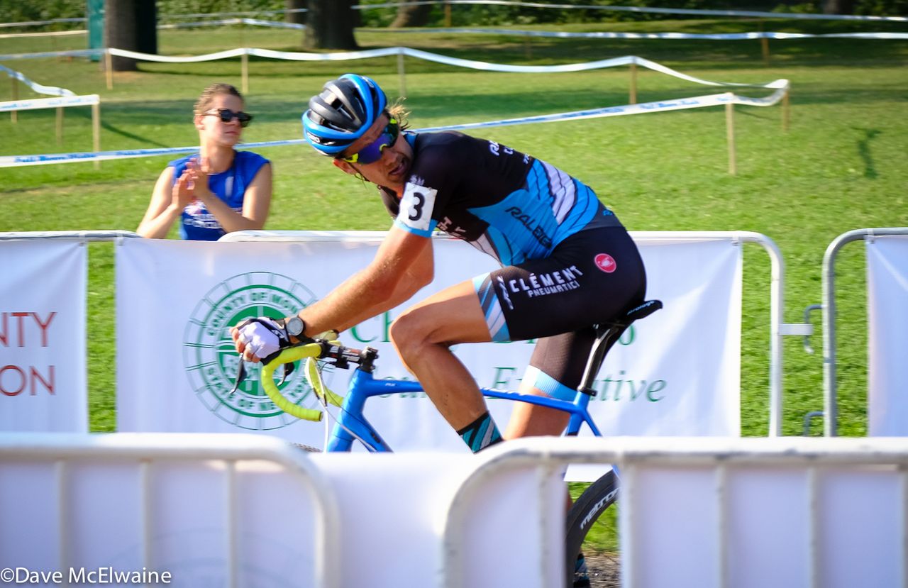 With one lap to go Jamey Driscoll (Raleigh Clement) checks to see how close Powers was