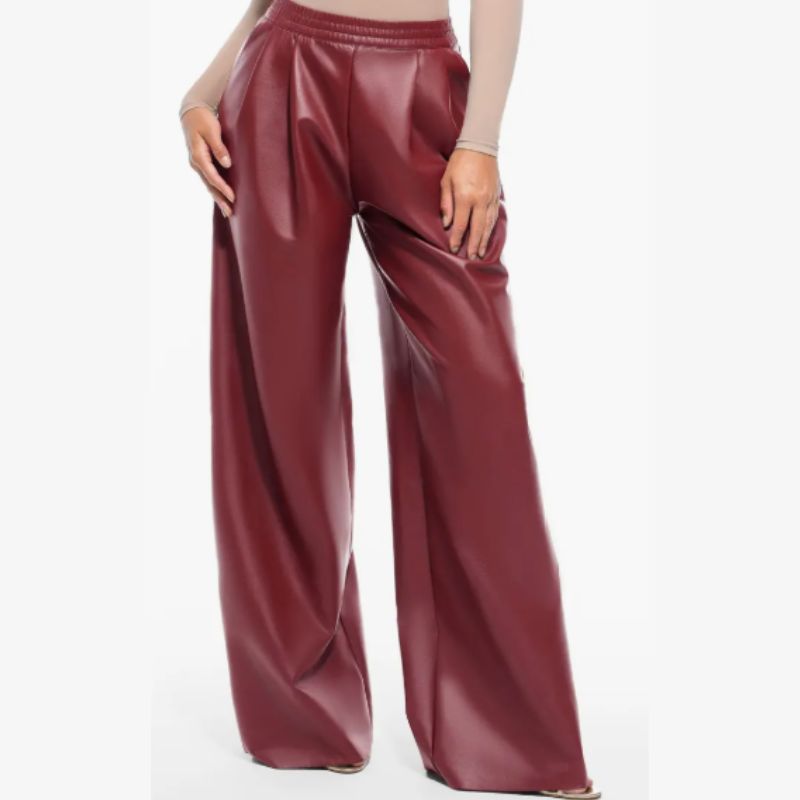 red faux leather trousers