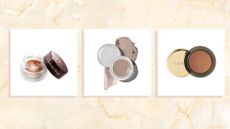 collage of three of the best cream eyeshadows from Charlotte Tilbury, Trinny London and Merit