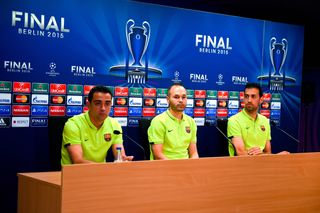 Xavi, Andres Iniesta and Sergio Busquets of Barcelona speak to the media ahead of the 2015 Champions League final against Juventus