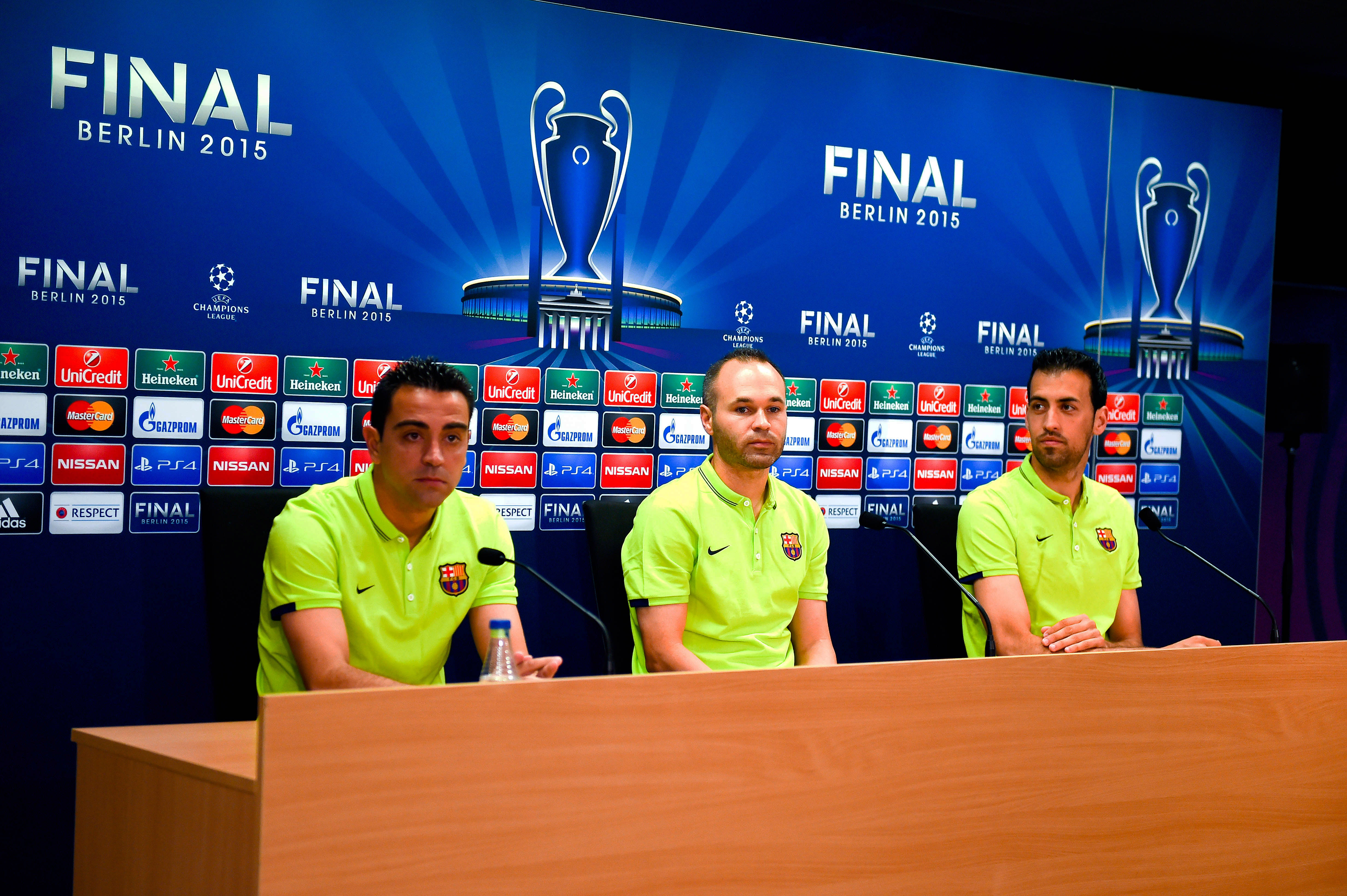 Xavi, Andres Iniesta and Sergio Busquets of Barcelona speak to the media ahead of the 2015 Champions League final against Juventus