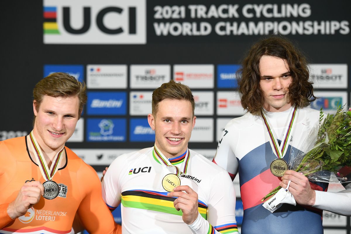 Picture by Simon Wilkinson/SWpix.com - 21/10/2021 - Cycling - Tissot 2021 UCI Track Cycling World Championships - Men&acirc;s Keirin - Stab Velodrome, Roubaix, France - Harrie Lavreysen of the Netherlands (Gold), Jeffrey Hoogland of the Netherlands (Silver) and Mikhail Iakovlev of the Russian Cycling Federation (Bronze) on the Men&acirc;s Keirin Podium