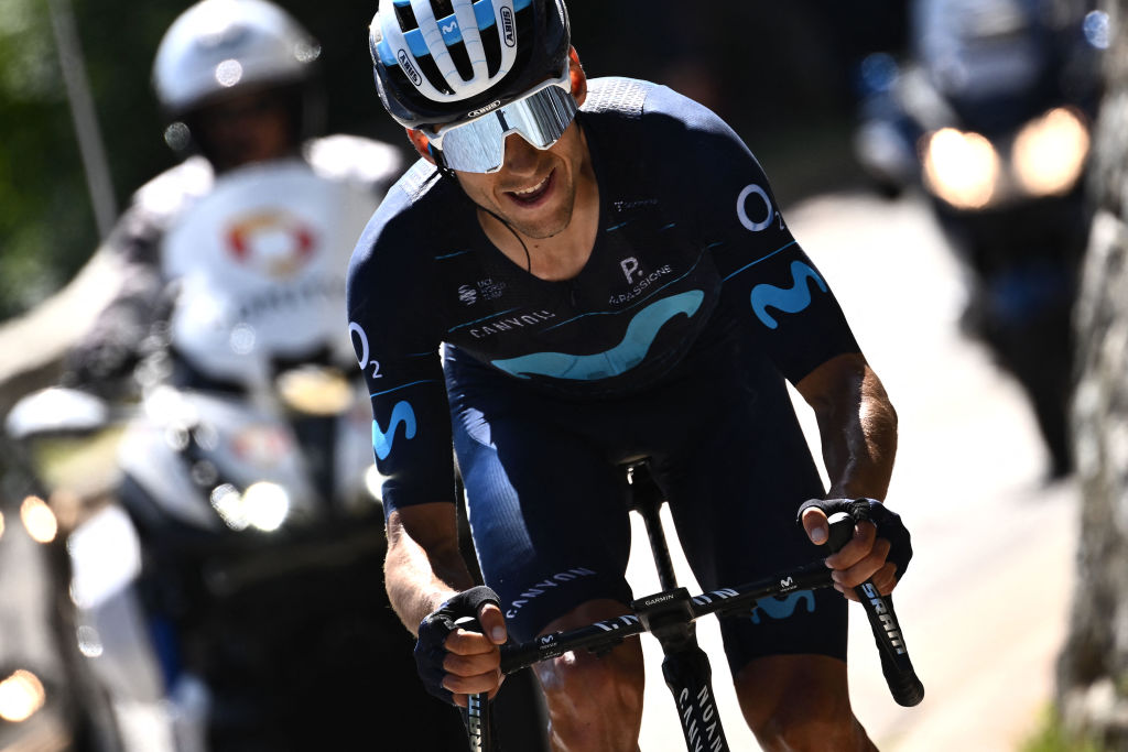 Movistar teams Spanish rider Carlos Verona rides in a breakaway and leads during the seventh stage of the 74th edition of the Criterium du Dauphine cycling race 135kms between SaintChaffrey to Vaujany southeastern France on June 11 2022 Photo by Marco BERTORELLO AFP Photo by MARCO BERTORELLOAFP via Getty Images