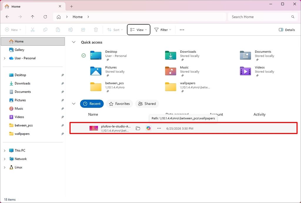 File Explorer in Home showing hover buttons for file location and Copilot.