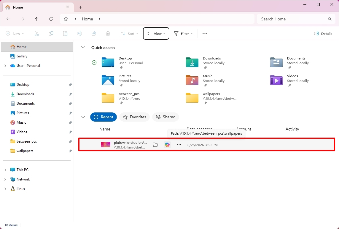 File Explorer in Home showing hover buttons for file location and Copilot.