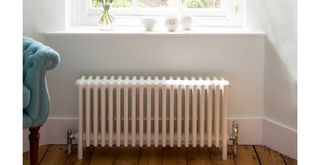 white living room with white column radiator to support a guide on how to clean radiators