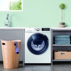washing machine with cream wall and plant on pot with towels