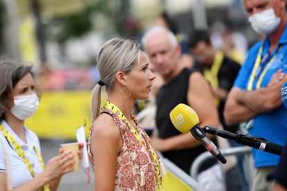 Race director Marion Rousse is interviewed during the 2022 Tour de France Femmes avec Zwift