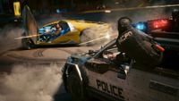 A futuristic yellow sports car with its door open speeds by, dodging bullets. A police car chases, sirens blazing, in a tense, smoky urban setting.