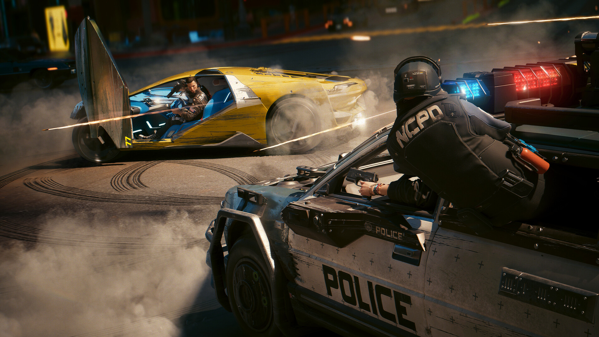 A futuristic yellow sports car with its door open speeds by, dodging bullets. A police car chases, sirens blazing, in a tense, smoky urban setting.