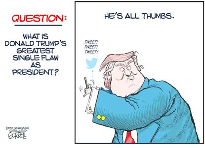 Political Cartoon U.S. Trump tweeting flaw