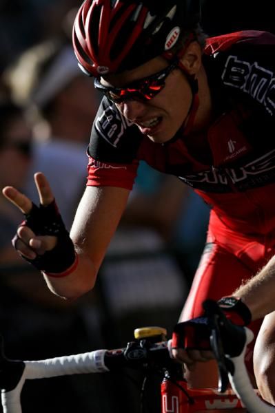 Jeff Louder (BMC) signals two laps to go for the win.