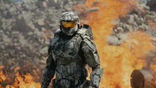 Master Chief standing in front on an explosion in Halo