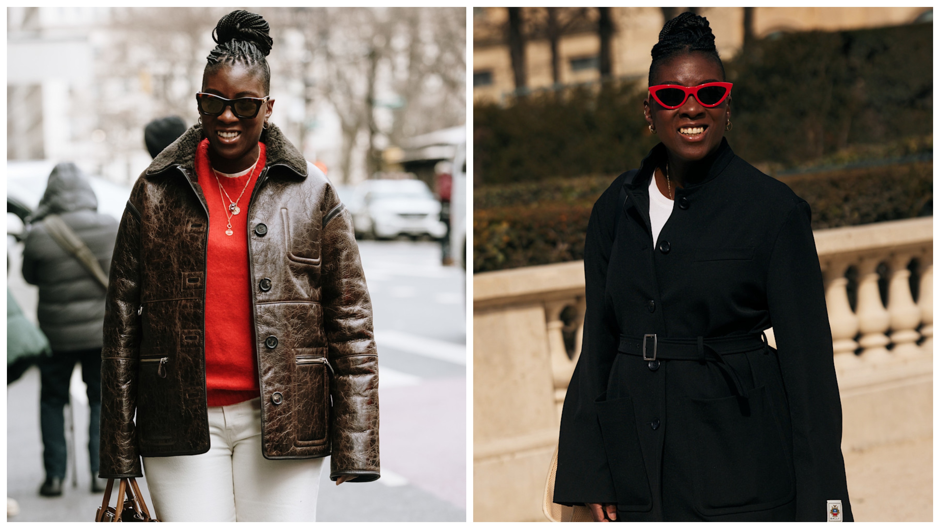 Nikki Ogunnaike wearing a red sweater, a leather jacket and white pants&#039; Nikki Ogunnaike wearing a black blazer and a white T-shirt