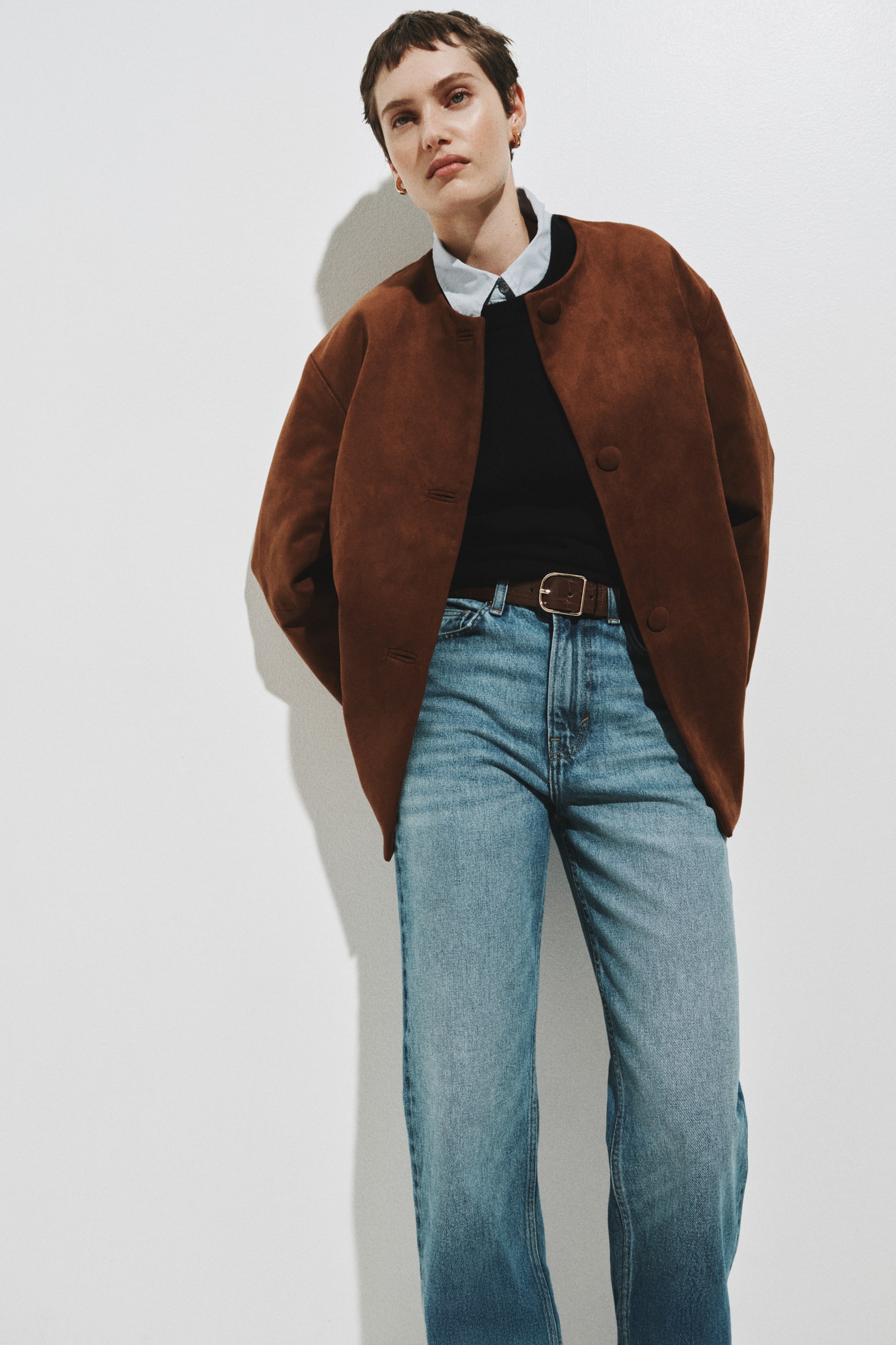 Collarless Jacket - Brown