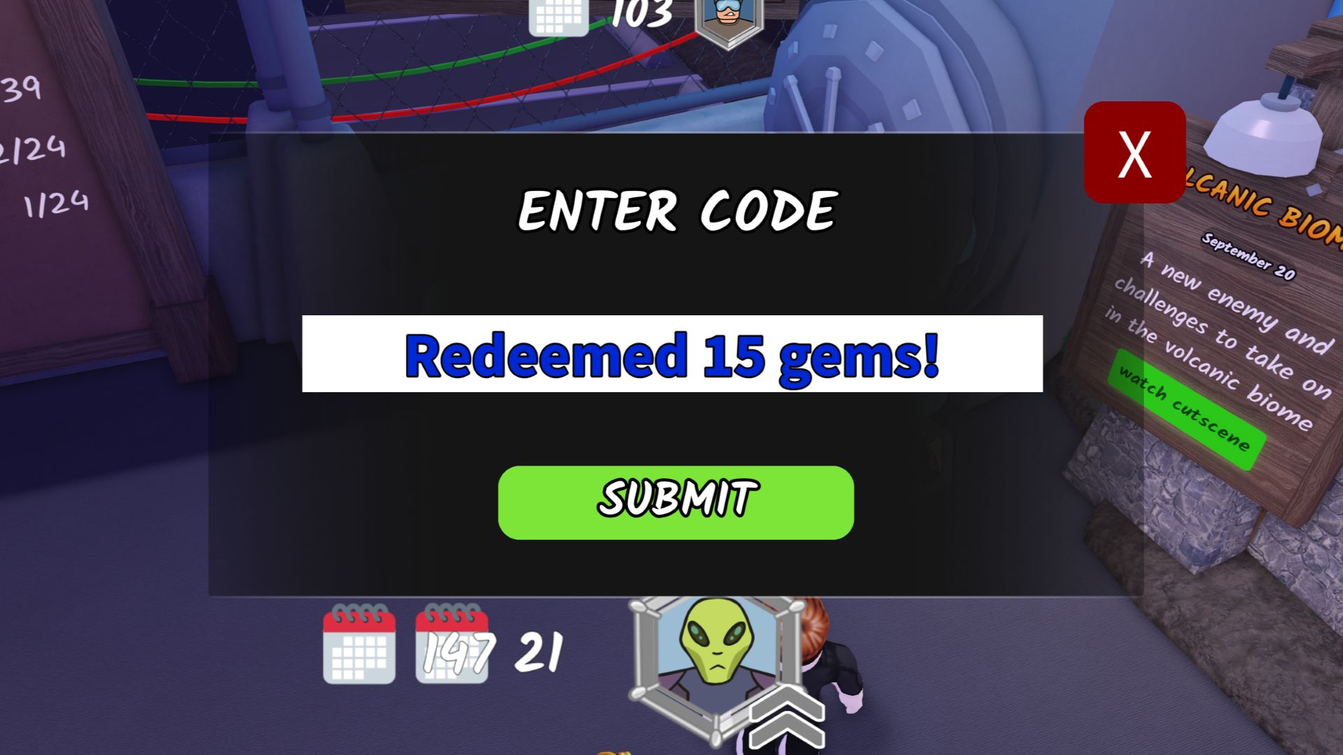 The 'enter code' menu from 99 Nights in the Forest. There's a green submit button at the bottom. 