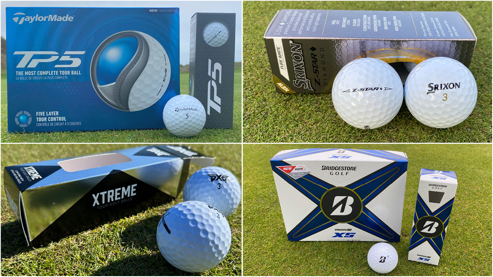 An array of different golf balls in a square layout