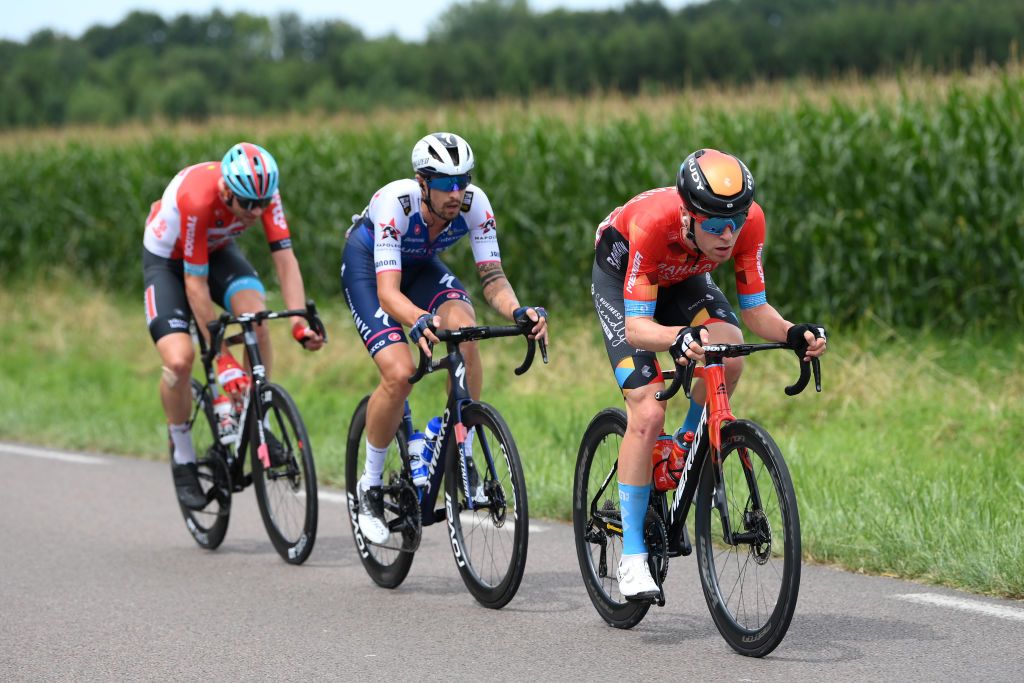 LAUSANNE SWITZERLAND JULY 09 LR Frederik Frison of Belgium and Team Lotto Soudal Mattia Cattaneo of Italy and QuickStep Alpha Vinyl Team and Fred Wright of United Kingdom and Team Bahrain Victorious compete in the breakaway during the 109th Tour de France 2022 Stage 8 a 1863km stage from Dole to Lausanne Cte du Stade olympique 602m TDF2022 WorldTour on July 09 2022 in Lausanne Switzerland Photo by Alex BroadwayGetty Images
