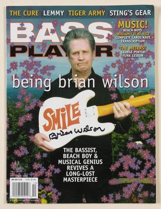 Brian Wilson's Fender Precision Bass used by Wilson throughout his very successful 2004 "SMILE" world tour and then donated to Heather Mills McCartney's charity "Adopt A Minefield" is featured on a magzine cover and seen ahead of todays Pop Memorabilia auction held at Christie's South Kensington on May 5, 2005 in London.