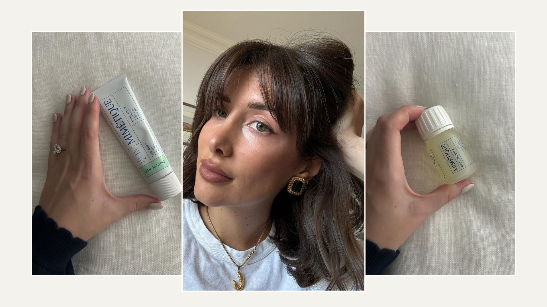 A French woman taking a selfie with glowing skin and junior beauty editor, Grace Lindsay, holding Mimetique products