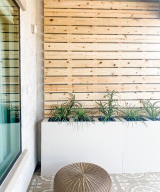 A decoratively tiled patio with wooden pallet board backing and outdoor plants