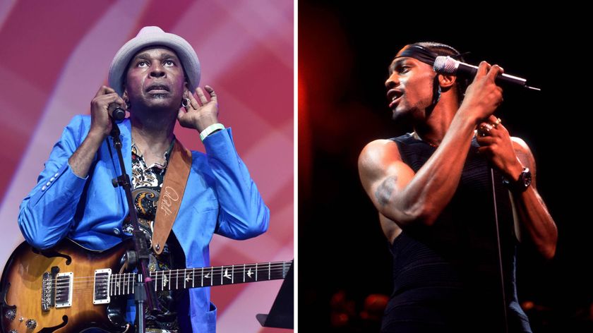 A composite image of Vernon Reid and D&#039;Angelo. Reid [right] cups his fingers to his ear as he performs with his PRS signature model. D&#039;Angelo holds both hands on his mic stand and wears a black sleeveless T and black headband.