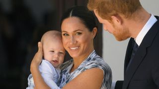 Prince Harry, Duke of Sussex and Meghan, Duchess of Sussex and their baby son Archie Mountbatten-Windsor at a meeting with Archbishop Desmond Tutu at the Desmond & Leah Tutu Legacy Foundation during their royal tour of South Africa on September 25, 2019 in Cape Town, South Africa.