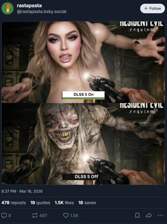 A meme poking fun at DLSS 5's AI filtering by yassifying Resident Evil Requiem's stalker enemy, The Girl.