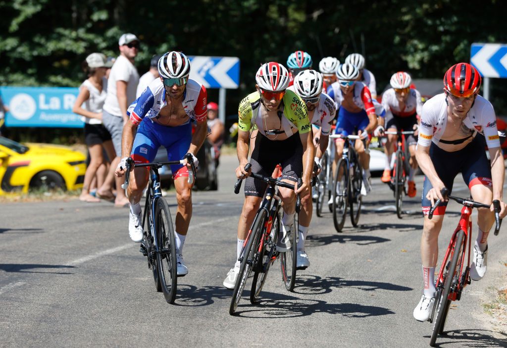 LLEX FRANCE AUGUST 11 LR Sbastien Reichenbach of Switzerland and Team Groupama FDJ and Guillaume Martin of France and Team Cofidis Yellow Leader Jersey compete during the 34th Tour de lAin 2022 Stage 3 a 131km stage from Plateau dHauteville to Llex 904m TDA22 on August 11 2022 in Llex France Photo by Bas CzerwinskiGetty Images