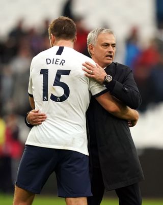 Jose Mourinho, right, embraces Eric Dier after Spurs' win at West Ham in November