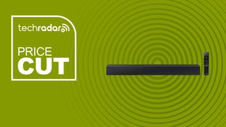 Samsung HW-C400/ZA 2.0 Channel C-Series Soundbar with Built-in Woofer on green background with TechRadar price cut sign