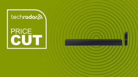 Samsung HW-C400/ZA 2.0 Channel C-Series Soundbar with Built-in Woofer on green background with TechRadar price cut sign