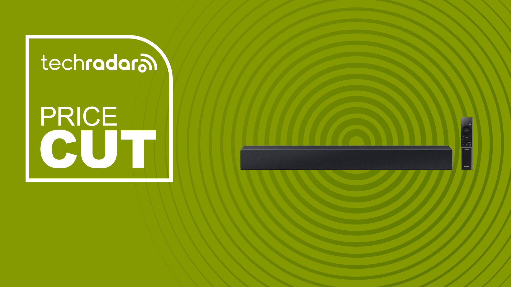 Samsung HW-C400/ZA 2.0 Channel C-Series Soundbar with Built-in Woofer on green background with TechRadar price cut sign