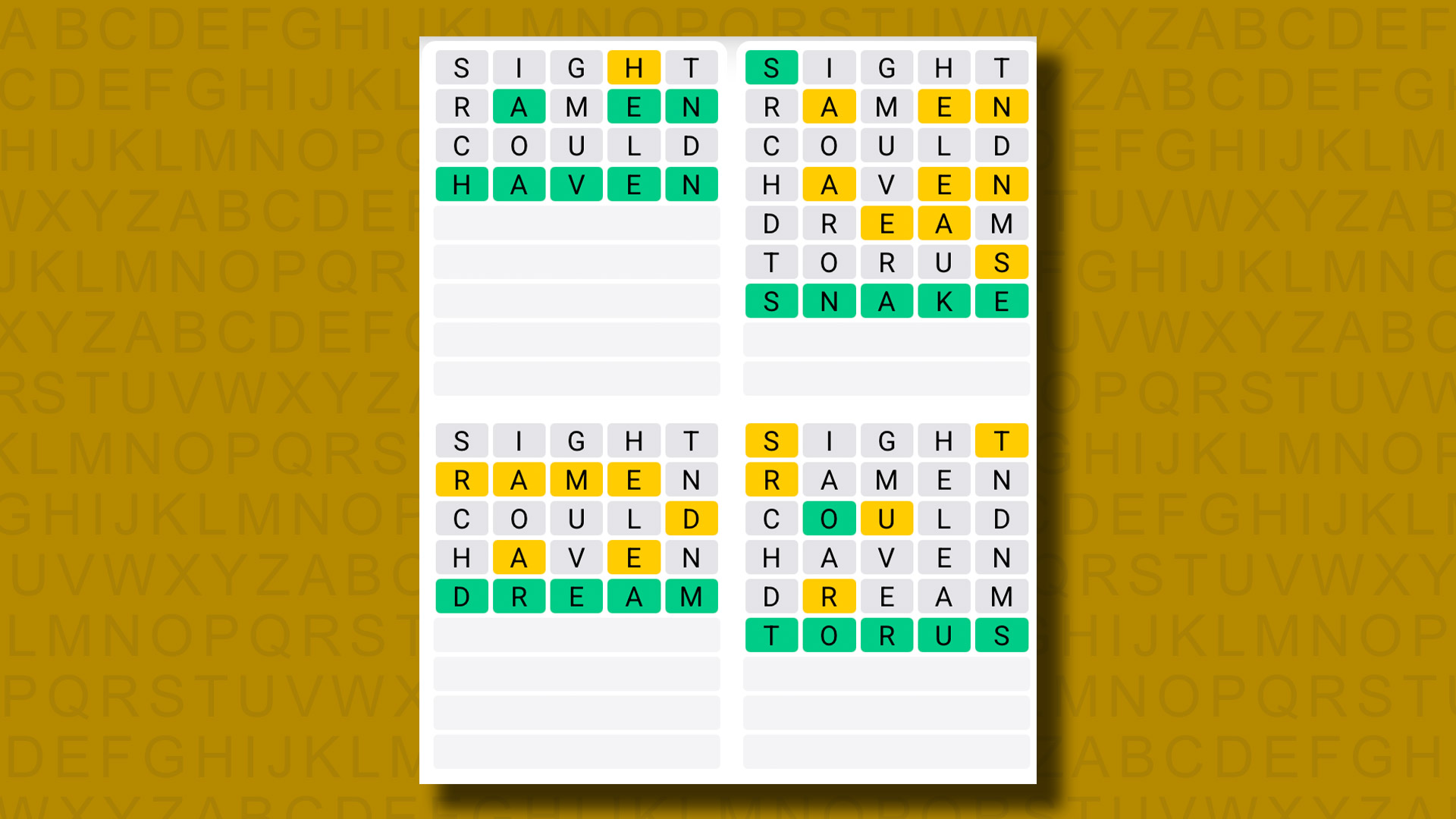 Quordle answers for game 1258 on a yellow background