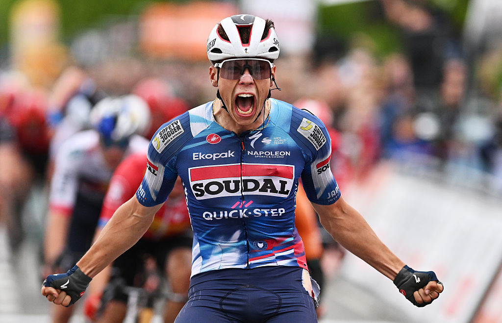 HEIST-OP-DEN-BERG, BELGIUM - JUNE 07: (EDITOR&#039;S NOTE: Alternate crop) Paul Magnier of France and Team Soudal Quick-Step celebrates at finish line as race winner during the 55th Heylen Vastgoed Heistse Pijl 2025 a 189.5km one day race from Vosselaar to Heist-op-den-Berg on June 07, 2025 in Heist-op-den-Berg, Belgium. (Photo by Luc Claessen/Getty Images)