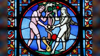 stained glass window of Adam and Eve