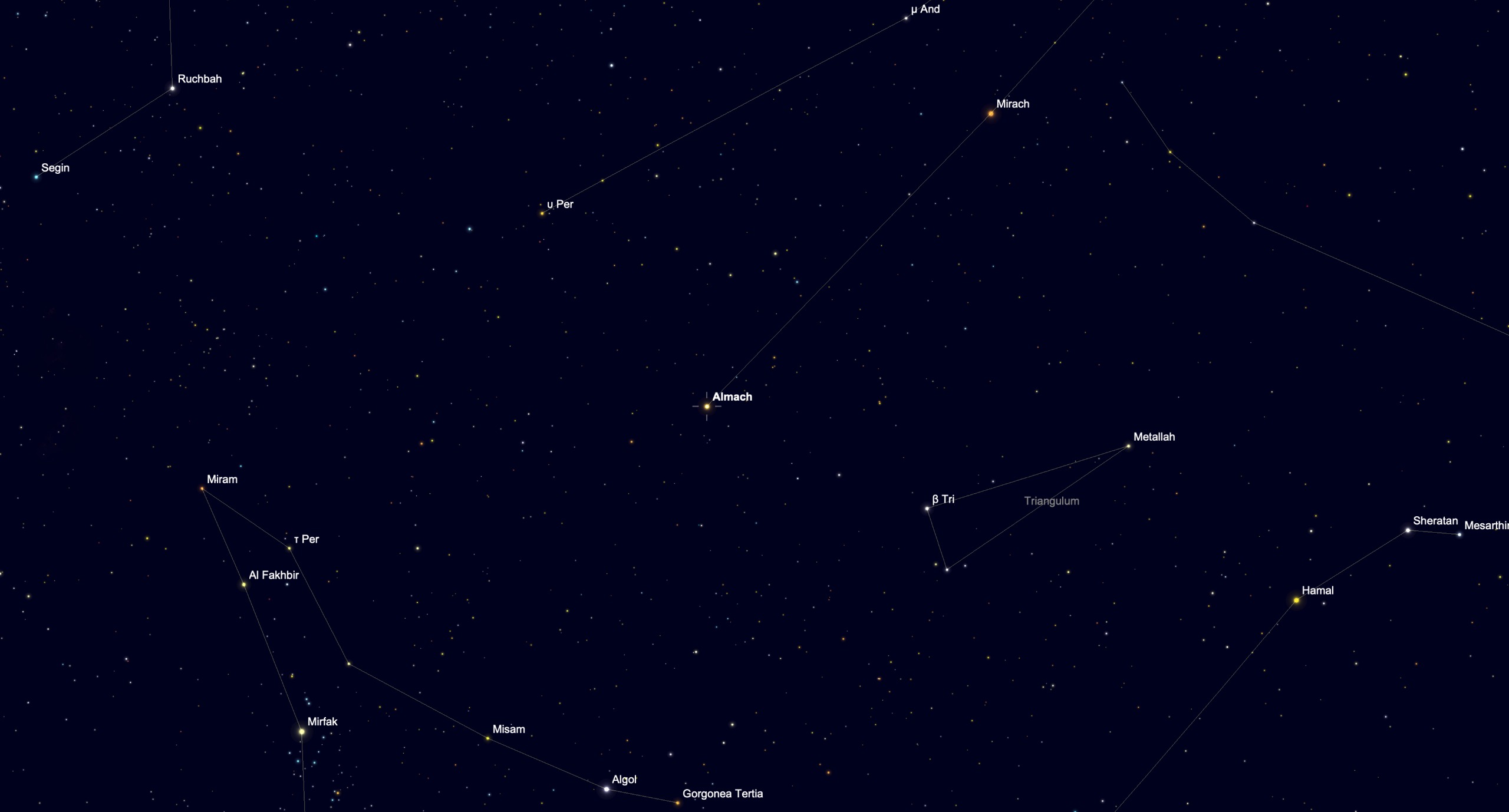 Star chart showing the location of Almaak in the constellation Andromeda, with nearby stars Mirach and Algol also labeled.