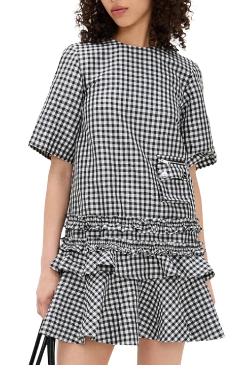 Ganni Crinkled Taffeta Check Open Back Mini Dress