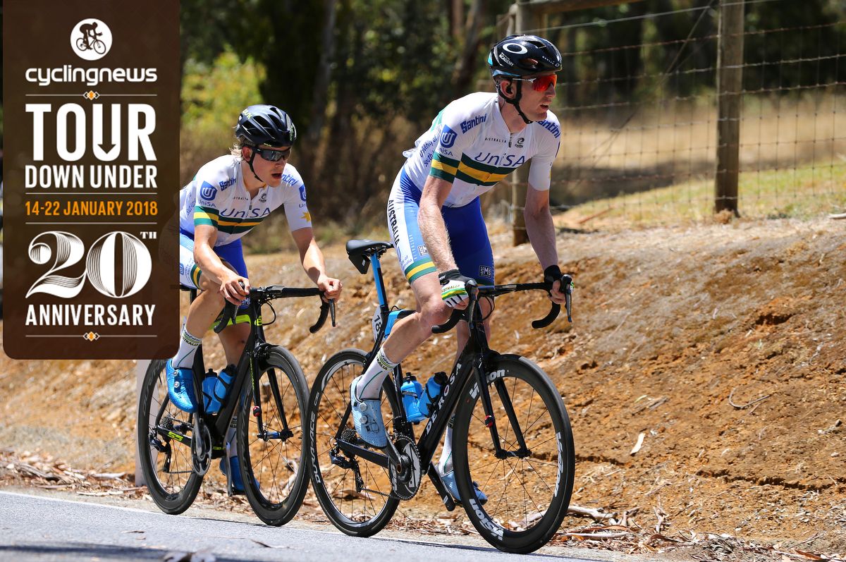 Alex Porter on the wheel of teammate Zak Dempster during stage 4