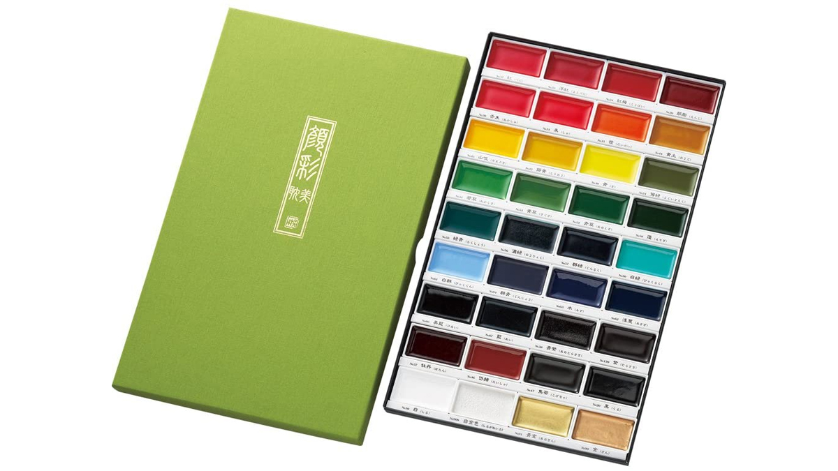 A box of Kuretake Gansai Tambi watercolour pans