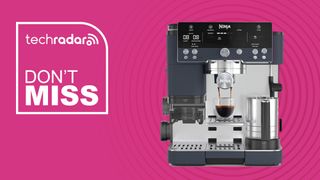 Ninja Luxe Café Premier Espresso Machine in Cyberspace colour on pink background.