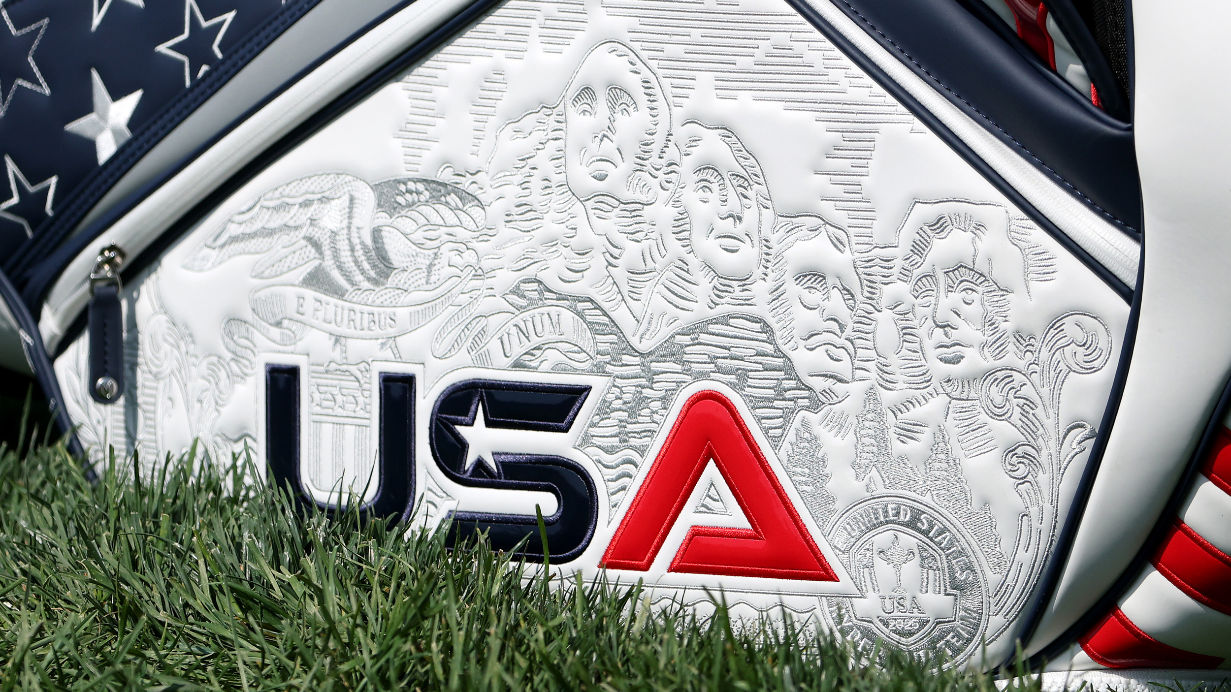 A close-up view of Team USA&#039;s 2025 Ryder Cup staff bag