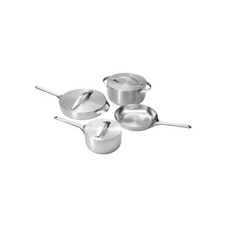 four pieces in the caraway stainless steel collection on a white background
