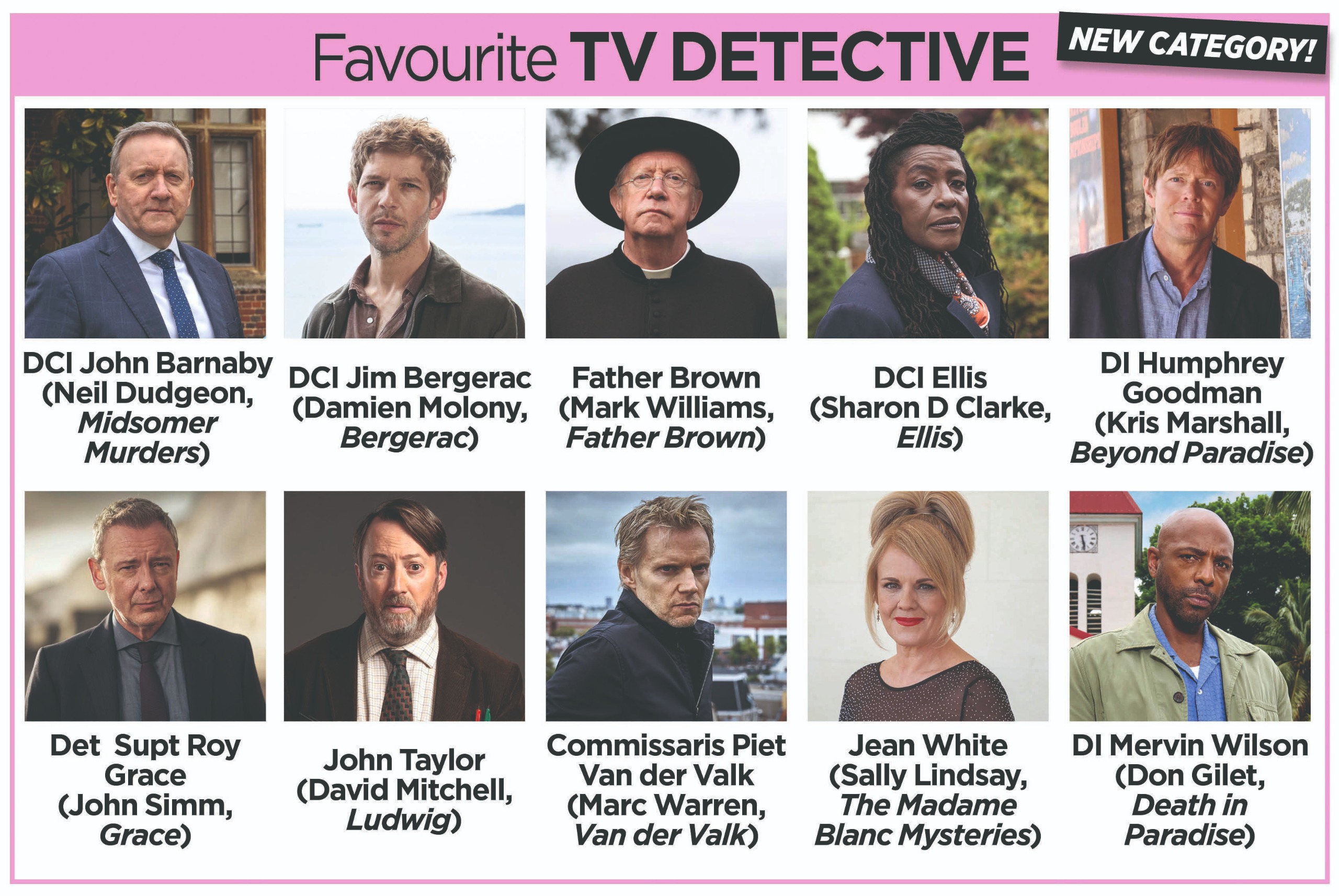 Images of the Favourite TV Detective nominees in the TV Times Awards 2026