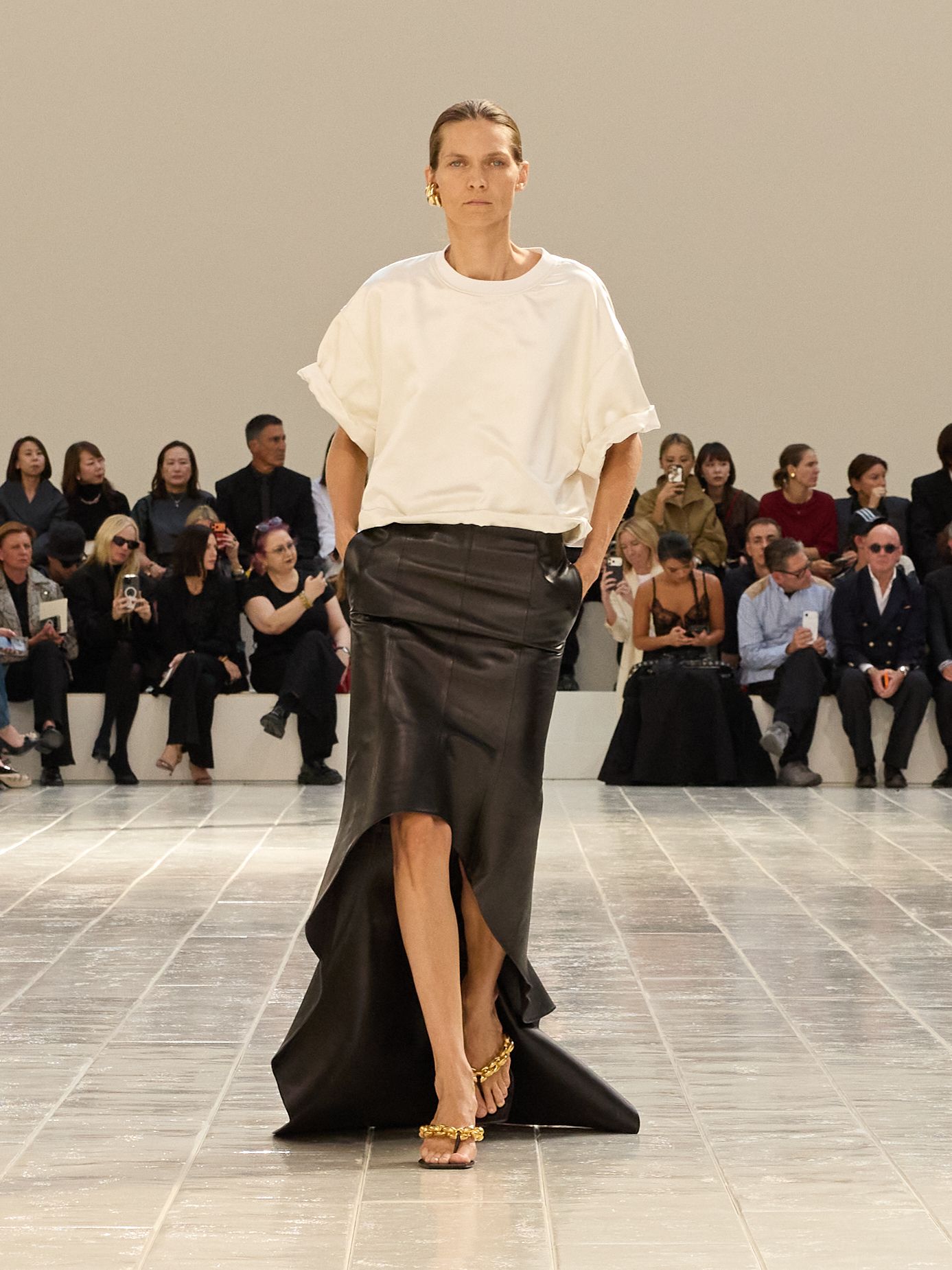 A model walking in the Balenciaga Summer 2027 show during Paris Fashion Week.
