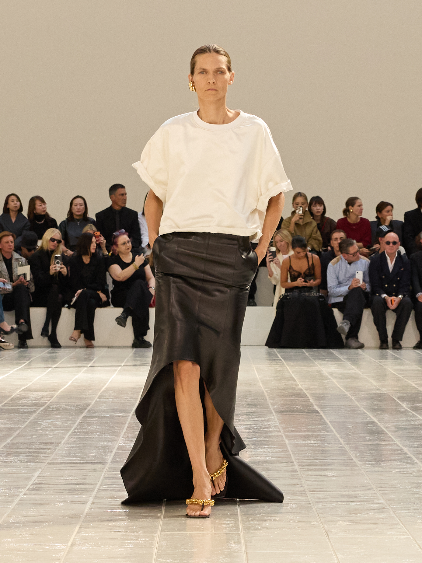 A model walking in the Balenciaga Summer 2027 show during Paris Fashion Week.