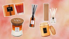 Best fall home fragrance Labor Day deals on orange background with range of candles and reed diffusers