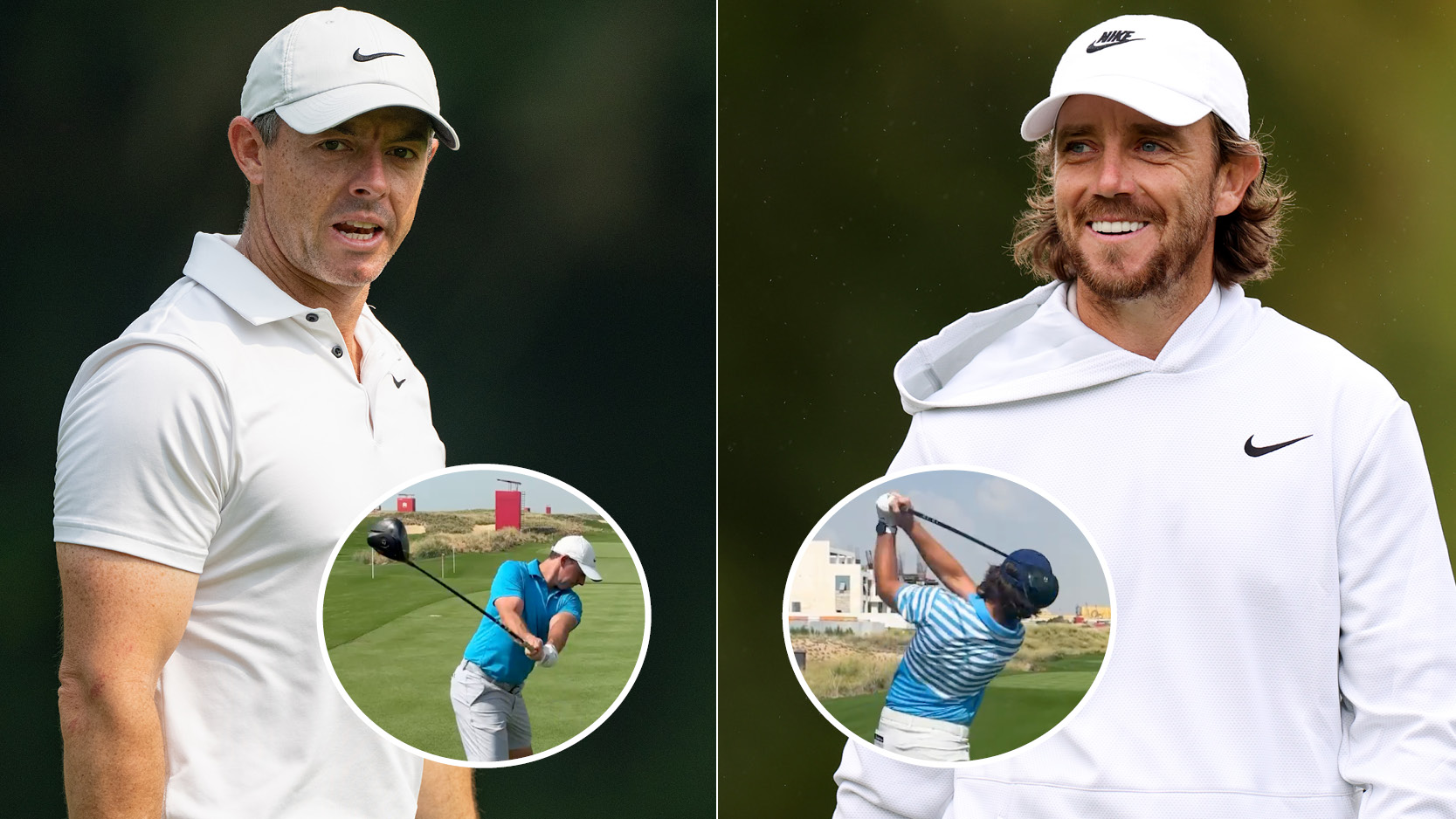Rory McIlroy and Tommy Fleetwood both smile, with various pictures in circles