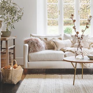 neutral living room with cream sofa and cushions and wood furniture