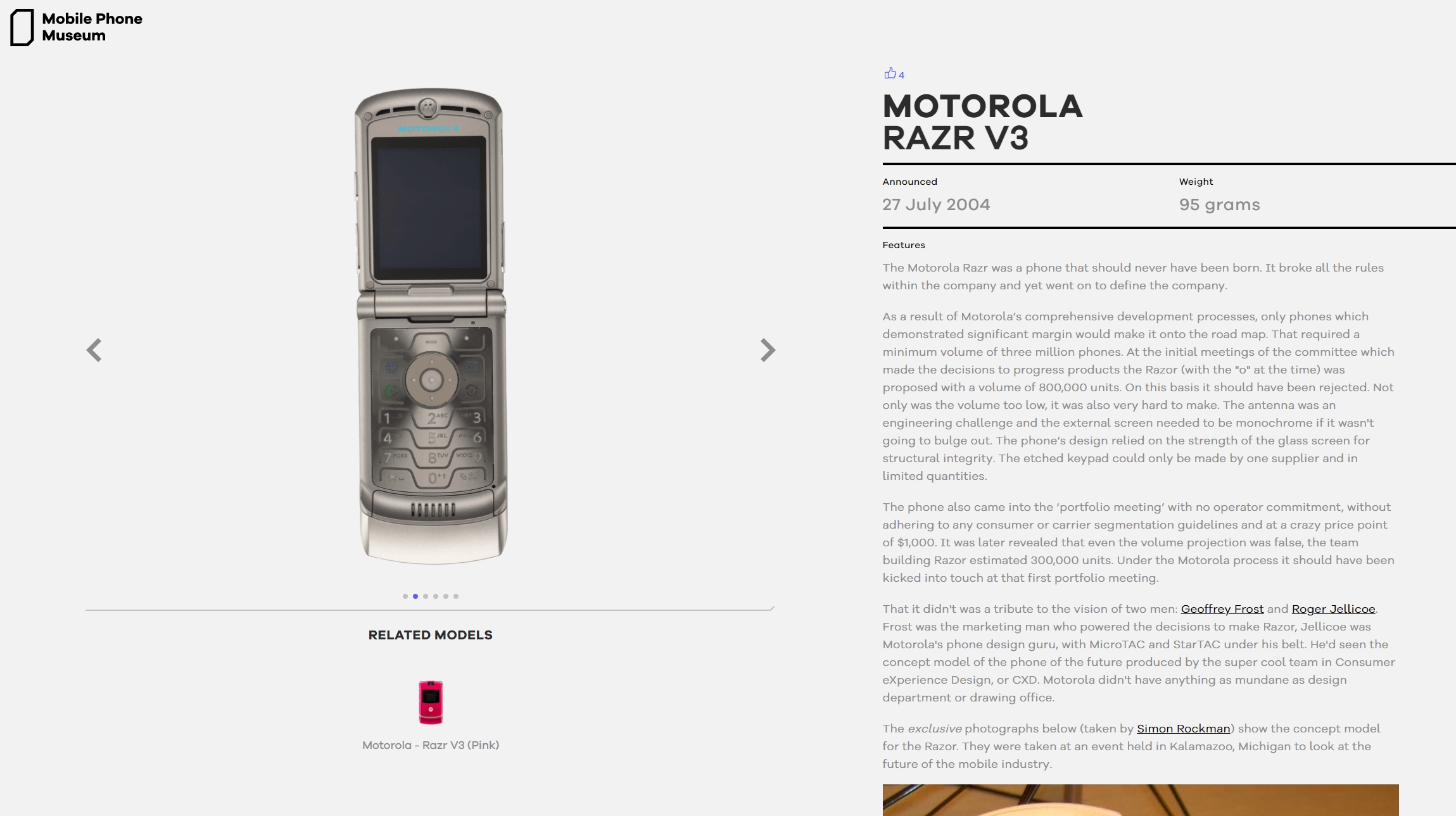 An image of the Motorola Razr V3 on the Mobile Phone Museum
